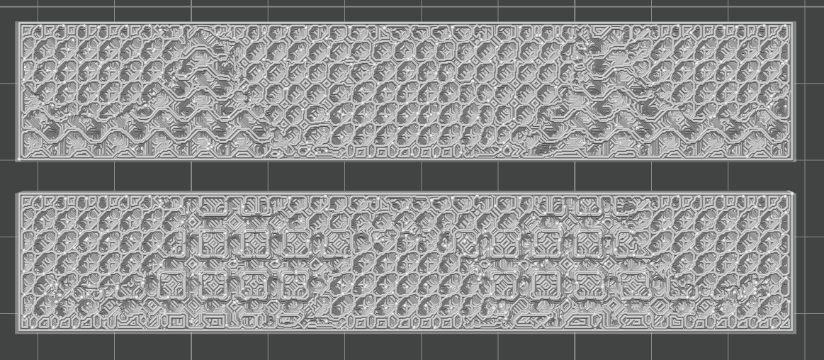 Real TPMS lattice — uniform pattern (top) vs Hybrid FEM-driven blend (bottom)