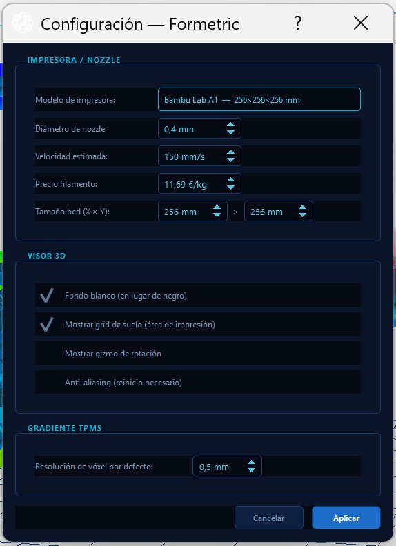 Formetric settings dialog